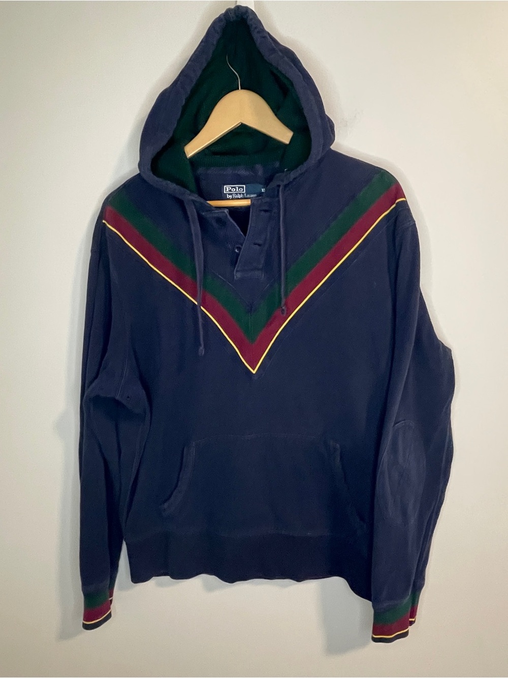 VINTAGE Polo by Ralph Lauren Navy Hooded Pullover w Green and Burgundy V-Stripe